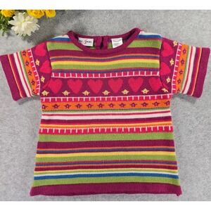 Vintage 90s BT Kids Girls Size 6 Rainbow Heart Striped Short Sleeve Knit Sweater